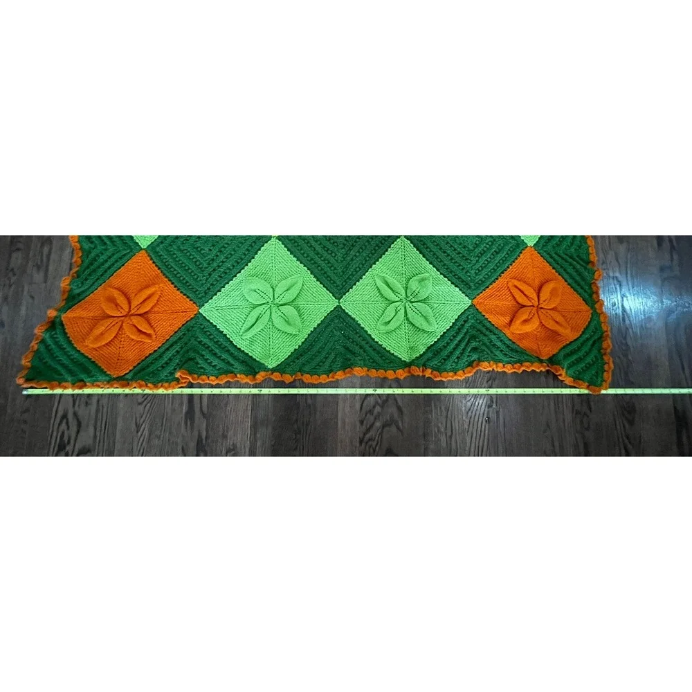 Vtg Handmade Knit Blanket Throw Granny Yellow Green Orange Squares Crochet 61x76